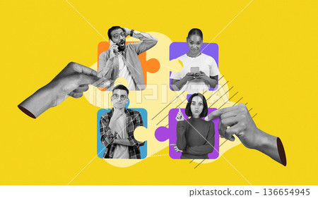 Four individuals are shown in a collage. One person is talking on the phone while another looks at a phone. Two others have thoughtful expressions. Hands interact with puzzle pieces around them. Four individuals are shown in a collage. One person is talking on the phone while another looks at a phone. Two others have thoughtful expressions. Hands interact with puzzle pieces around them. 136654945