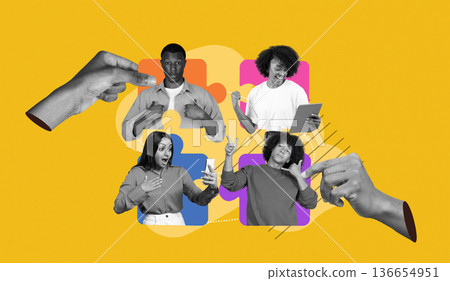A collection of images features people engaged with devices. Some are expressing emotions while using phones or tablets. The background has bright colors that add to the lively scene. A collection of images features people engaged with devices. Some are expressing emotions while using phones or tablets. The background has bright colors that add to the lively scene. 136654951