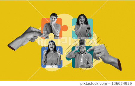 Four individuals show different emotions while interacting with a puzzle. Hands reach out to connect pieces. The bright background adds focus to their expressions and the collaborative activity. Four individuals show different emotions while interacting with a puzzle. Hands reach out to connect pieces. The bright background adds focus to their expressions and the collaborative activity. 136654959