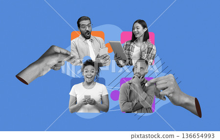 A group of people is engaged with devices like tablets and smartphones. Hands reach out to connect with the digital world. 136654993