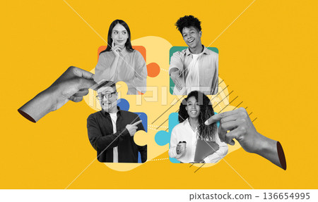 Four people are shown in a collage, each making different facial expressions and hand gestures. Their images are arranged on a colorful background, showcasing teamwork and interaction. 136654995