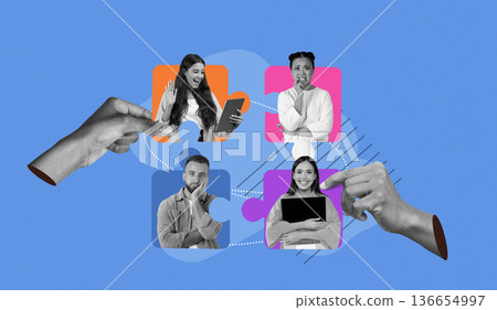 Various individuals are shown interacting with devices and each other in different settings. Hands connect the scenes, highlighting relationships and communication between them. 136654997