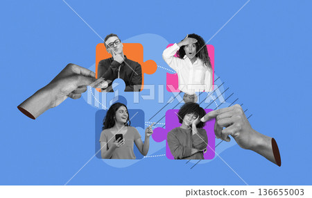 Four people with different expressions. They interact with colorful puzzle pieces. Hands reach out to connect ideas. The background is a bright blue, highlighting their actions and connections. Four people with different expressions. They interact with colorful puzzle pieces. Hands reach out to connect ideas. The background is a bright blue, highlighting their actions and connections. 136655003