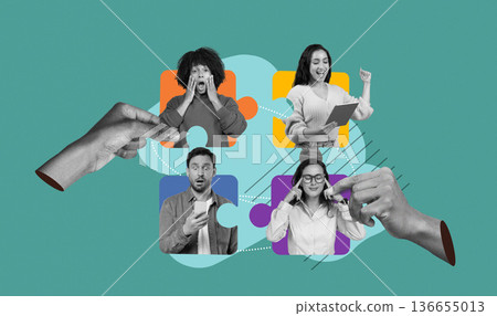People interact in a collage. Some have expressions of surprise and happiness. Others hold papers and make calls. The background is colorful with puzzle pieces, showing teamwork in action. People interact in a collage. Some have expressions of surprise and happiness. Others hold papers and make calls. The background is colorful with puzzle pieces, showing teamwork in action. 136655013