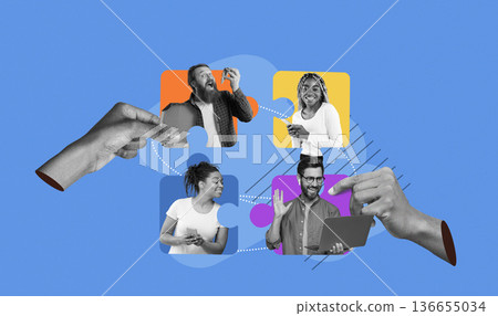 A collection of people engaging with devices, sharing ideas, and participating in activities. The hands illustrate connection through technology while colored sections highlight diverse interactions. A collection of people engaging with devices, sharing ideas, and participating in activities. The hands illustrate connection through technology while colored sections highlight diverse interactions. 136655034