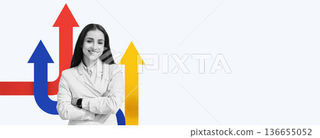A woman in a business suit stands confidently with her arms crossed. Colorful arrows point in various directions behind her. The setting appears to focus on themes of progress and direction in work. 136655052