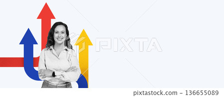 A woman stands confidently in front of colorful arrows pointing in different directions. The background has a simple design that highlights her presence. A woman stands confidently in front of colorful arrows pointing in different directions. The background has a simple design that highlights her presence. 136655089