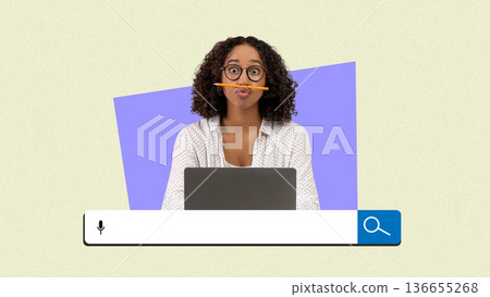 A woman sits in front of a laptop with a pencil held in her mouth. She looks focused and is deep in thought. The background is a bright color, adding a fun touch to the scene. A woman sits in front of a laptop with a pencil held in her mouth. She looks focused and is deep in thought. The background is a bright color, adding a fun touch to the scene. 136655268