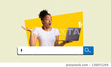 A woman looks surprised while holding a laptop. She is interacting with the screen, possibly searching for information. The background is a mix of bright colors and simple shapes. A woman looks surprised while holding a laptop. She is interacting with the screen, possibly searching for information. The background is a mix of bright colors and simple shapes. 136655269