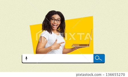 A woman with glasses smiles and points at a search bar while holding a laptop. The scene is part of a digital collage. Bright colors create an engaging setting. A woman with glasses smiles and points at a search bar while holding a laptop. The scene is part of a digital collage. Bright colors create an engaging setting. 136655270
