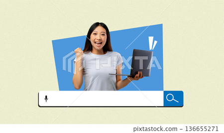 A woman stands with a laptop in hand, smiling and showing excitement. She is in front of a graphic of a search bar with a blue background. The scene shows a moment of success. A woman stands with a laptop in hand, smiling and showing excitement. She is in front of a graphic of a search bar with a blue background. The scene shows a moment of success. 136655271