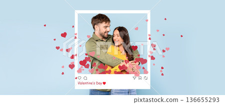 A couple embraces while smiling at each other. They are framed by a collage design with floating hearts. The setting shows celebration for Valentine's Day. 136655293