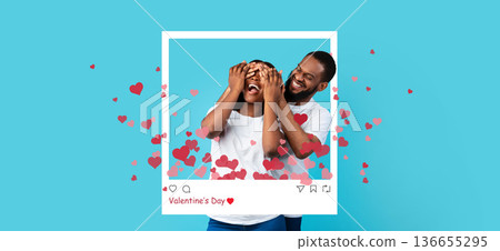 A couple enjoys their time together with laughter. They playfully cover each other's eyes while surrounded by floating hearts. This moment captures joy and connection on Valentine's Day. 136655295