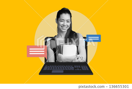 A student with a notebook stands in front of a laptop on a bright background. Chat bubbles appear to show interaction during an online learning session. A student with a notebook stands in front of a laptop on a bright background. Chat bubbles appear to show interaction during an online learning session. 136655301