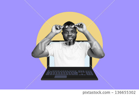 A man is shown smiling while lifting sunglasses off his face. He appears through a laptop screen with a colorful background. This scene represents digital creativity and modern communication. A man is shown smiling while lifting sunglasses off his face. He appears through a laptop screen with a colorful background. This scene represents digital creativity and modern communication. 136655302