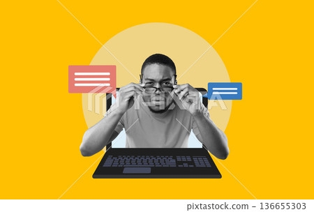 A person sits in front of a laptop, adjusting glasses. Colorful speech bubbles appear around them. The background is bright yellow. The scene seems focused on communication and reaction. A person sits in front of a laptop, adjusting glasses. Colorful speech bubbles appear around them. The background is bright yellow. The scene seems focused on communication and reaction. 136655303