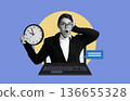 A woman with glasses shows surprise while holding a clock in one hand and standing next to a laptop. She appears to be in an office setting. The background is blue with a yellow circle. A woman with glasses shows surprise while holding a clock in one hand and standing next to a laptop. She appears to be in an office setting. The background is blue with a yellow circle. 136655328