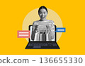 A person smiles while holding shopping bags that come out of a laptop. The background is bright, and speech bubbles are visible on the screen. The scene shows online shopping. A person smiles while holding shopping bags that come out of a laptop. The background is bright, and speech bubbles are visible on the screen. The scene shows online shopping. 136655330
