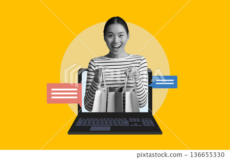 A person smiles while holding shopping bags that come out of a laptop. The background is bright, and speech bubbles are visible on the screen. The scene shows online shopping. A person smiles while holding shopping bags that come out of a laptop. The background is bright, and speech bubbles are visible on the screen. The scene shows online shopping. 136655330