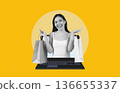 A woman smiles while holding shopping bags in each hand. She stands in front of a computer keyboard. The background is bright yellow, creating a lively atmosphere for online shopping. A woman smiles while holding shopping bags in each hand. She stands in front of a computer keyboard. The background is bright yellow, creating a lively atmosphere for online shopping. 136655337