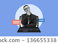 A man is shown with a thoughtful expression while sitting in front of a laptop. Speech bubbles appear around him, suggesting a conversation. The background is a simple blue circle. A man is shown with a thoughtful expression while sitting in front of a laptop. Speech bubbles appear around him, suggesting a conversation. The background is a simple blue circle. 136655338