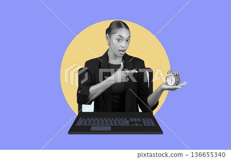 A woman indicates a clock with her hand while seated at a computer. The background features a colorful design. The setting showcases a modern workspace during daytime activities. 136655340