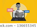 A child wearing glasses holds a book while sitting in front of a laptop. Speech bubbles in different colors appear next to the computer. The scene takes place in a bright setting. A child wearing glasses holds a book while sitting in front of a laptop. Speech bubbles in different colors appear next to the computer. The scene takes place in a bright setting. 136655345