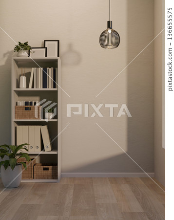 Shelf with books and decorations aside pot plant on wooden parquet floor and lamp in white wall room Shelf with books and decorations aside pot plant on wooden parquet floor and lamp in white wall room 136655575