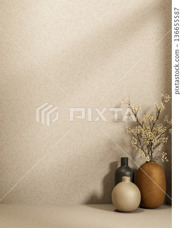 Various color flower vases on cement floor with sunlight shining on beige loft wall in room corner. Various color flower vases on cement floor with sunlight shining on beige loft wall in room corner. 136655587
