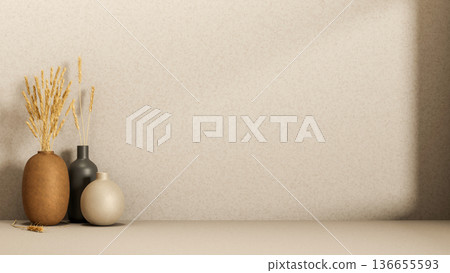 Various color flower vases on cement floor with sunlight shining on plain loft wall in the room corner. Various color flower vases on cement floor with sunlight shining on plain loft wall in the room corner. 136655593