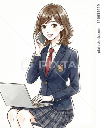 High school girl sitting and talking on the phone 136655639