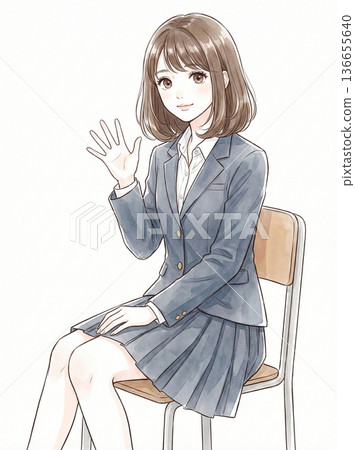A high school girl sitting and waving 136655640