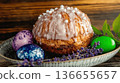 Festive Easter pastry with lavender, edible pearls and colorful eggs on dish. 136655657