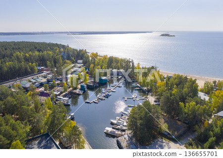 Aerial view of marina on the Ob Sea near Akademgorodok in Novosibirsk, Russia, in summer 2019 136655701