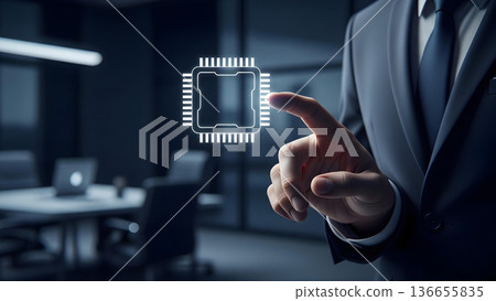 Businessman Pointing at Glowing Microchip CPU Icon in Modern Office 136655835