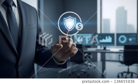 Businessman Pointing at Shield and Dollar Currency Icon 136655836