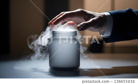 Businessman Hand Over Frosty Jar with Ethereal Smoke and Vapor 136655838