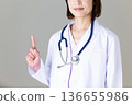 A middle-aged female doctor in a white coat pointing up 136655986