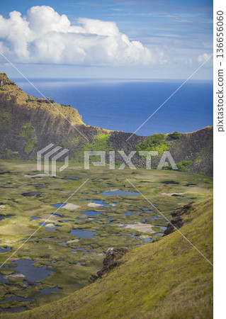 Caldera of Rano Kau volcano on Easter Island. Caldera of Rano Kau volcano on Easter Island. 136656060