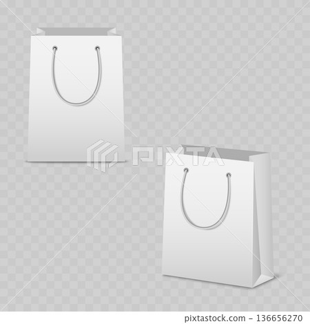 Realistic White Paper Shopping Bag Mockup Set. Vector Gift Packaging Template with Rope Handles 136656270