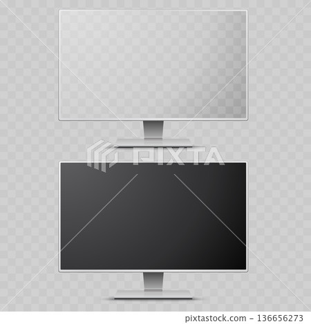 Realistic Ultrawide Computer Monitor Mockup Set. Vector Silver Desktop Screen Template with Transparent and Black Display. 136656273
