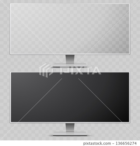 Realistic Ultrawide Computer Monitor Mockup Set. Vector Silver Desktop Screen Template with Transparent and Black Display. Realistic Ultrawide Computer Monitor Mockup Set. Vector Silver Desktop Screen Template with Transparent and Black Display. 136656274