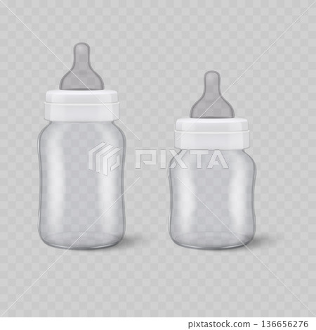 Realistic Transparent Baby Bottle Mockup Set. Vector Empty Infant Feeding Container with Silicone Nipple. 136656276
