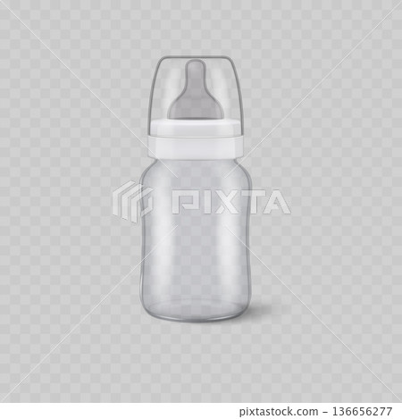Realistic Transparent Baby Bottle Mockup with Cap. Vector Realistic Transparent Baby Bottle Mockup with Cap. Vector 136656277
