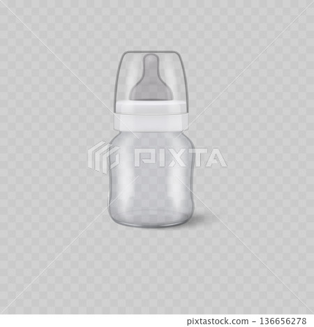 Realistic Transparent Baby Bottle Mockup with Cap. Vector 136656278