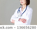 A middle-aged female doctor in a white coat with her arms folded 136656280