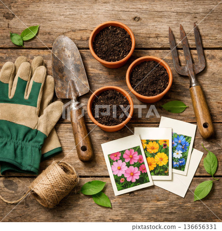 Gardening Tools, Seed Packets, and Pots Ready for Spring Planting on Wooden Table 136656331