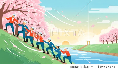 施工隊正攀爬覆蓋著飄落櫻花的斜坡 136656373