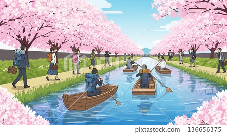 People passing by the canal in spring, surrounded by cherry blossoms 136656375
