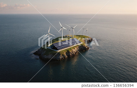 A battery-shaped island floating in a calm sea, its surface powering wind turbines and solar panels, aerial wide shot at 136656394